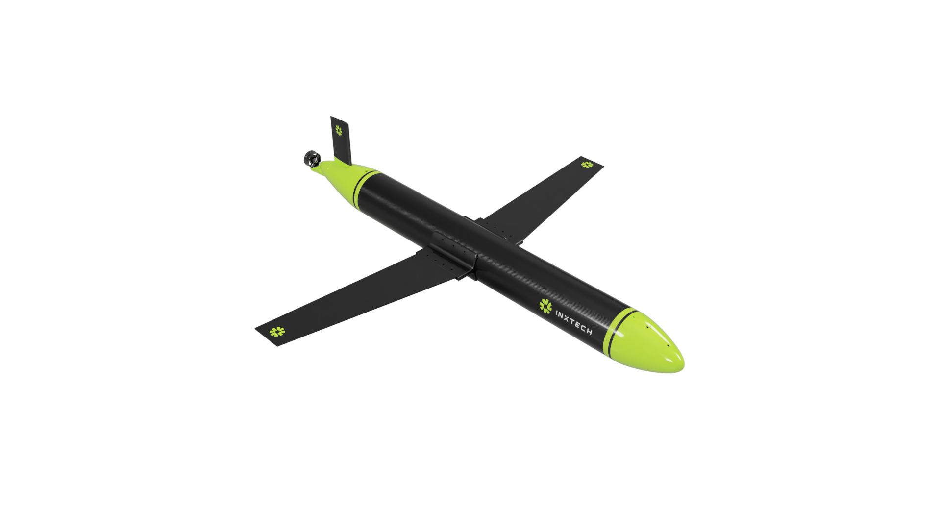 InX Tech prototype render showing a black cylindrical body, broad wings and neon green nose and tail